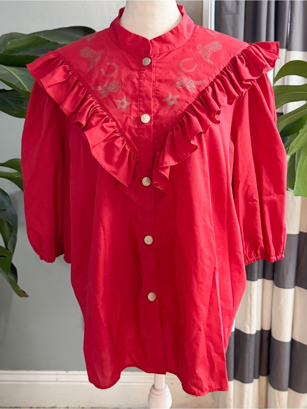Red Ruffled V-Neck Button Front Women's Top - Picture 9 of 9